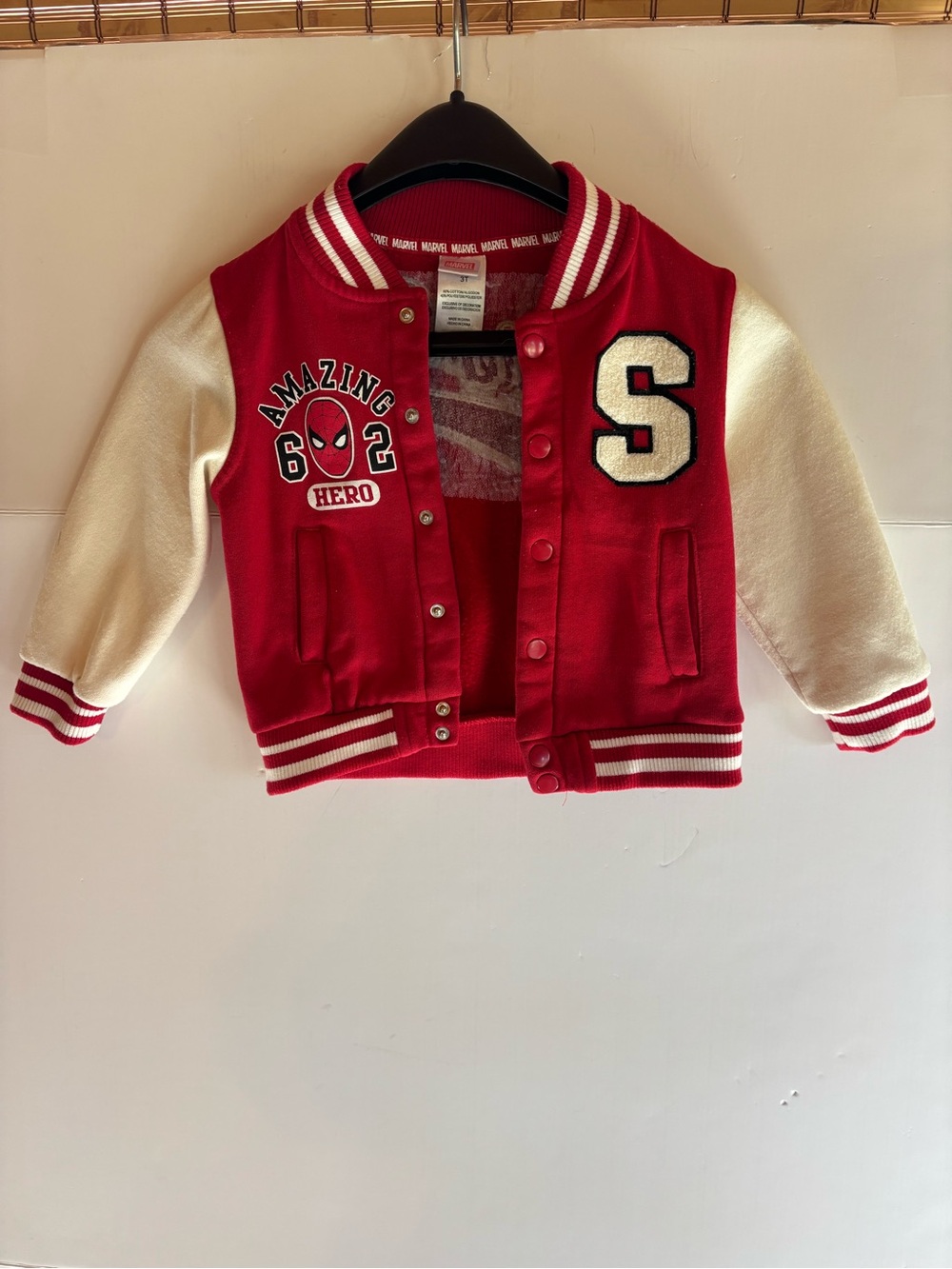 Marvel Spider-Man Boys Varsity Jacket Red/White 3T Snap Front Fleece Pockets